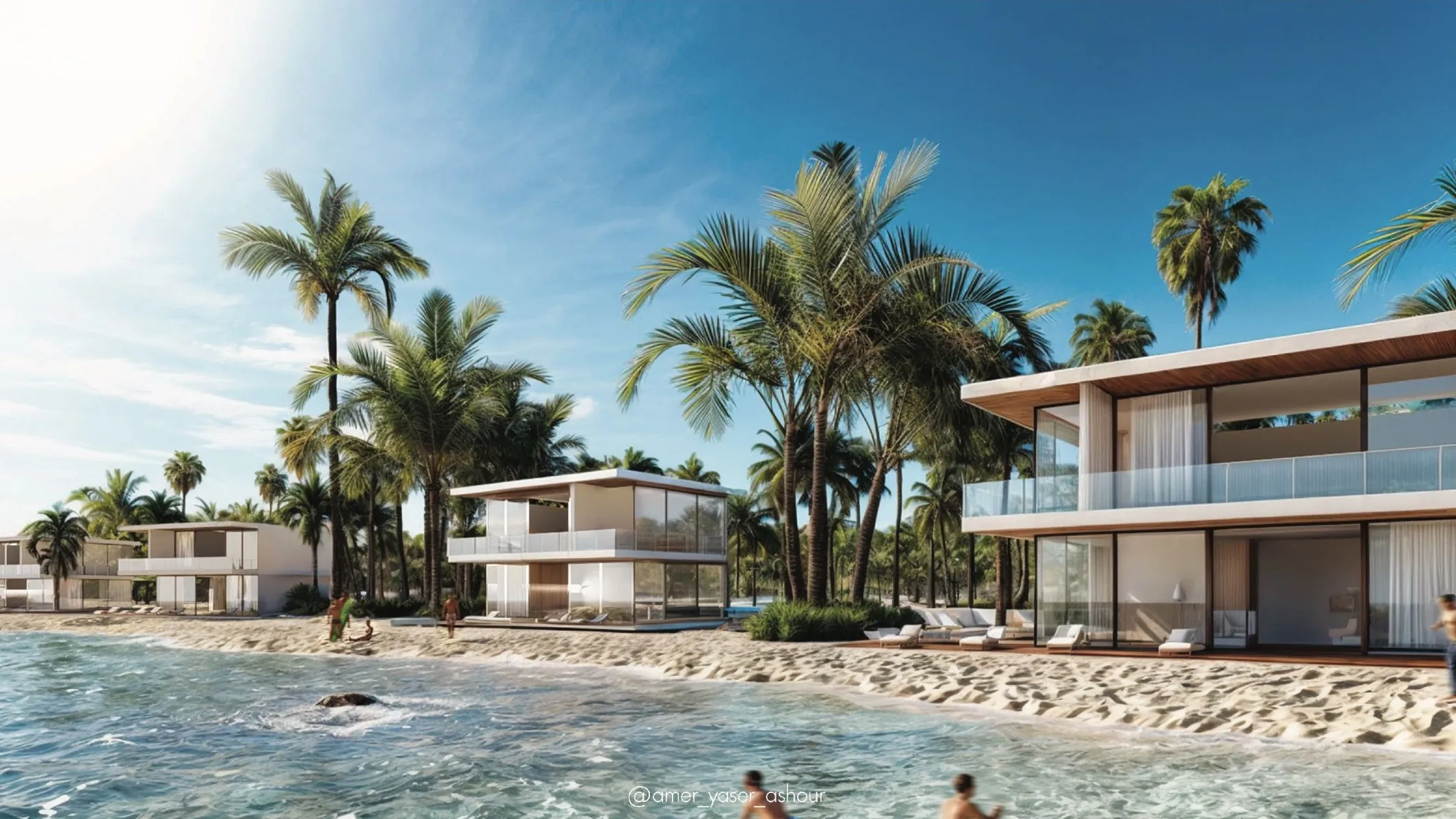 Beachfront residences among palm trees