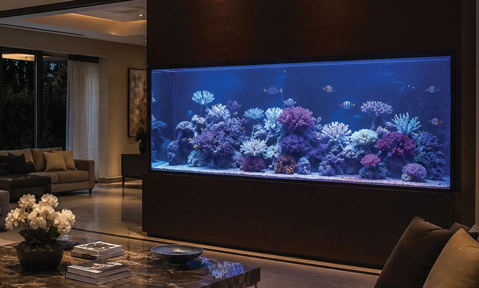 Marine aquarium wall in a living room