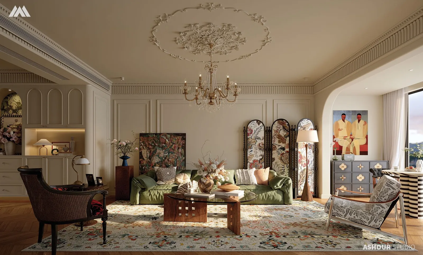 Classic living room with ornate ceiling