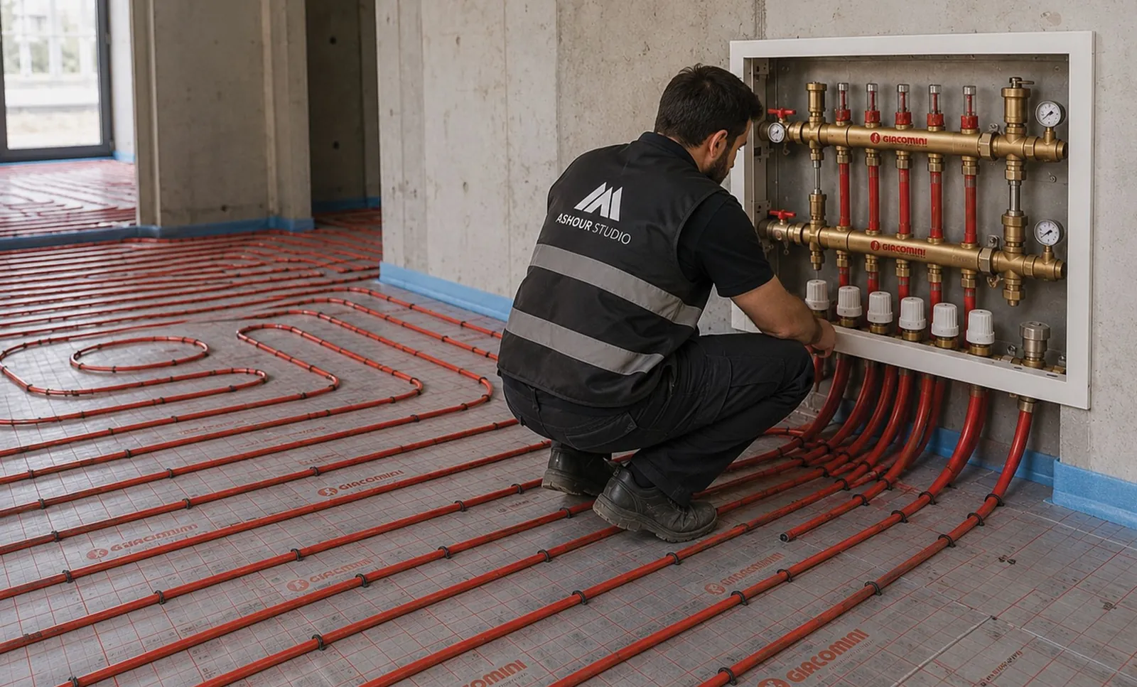 Engineer installing a heating manifold