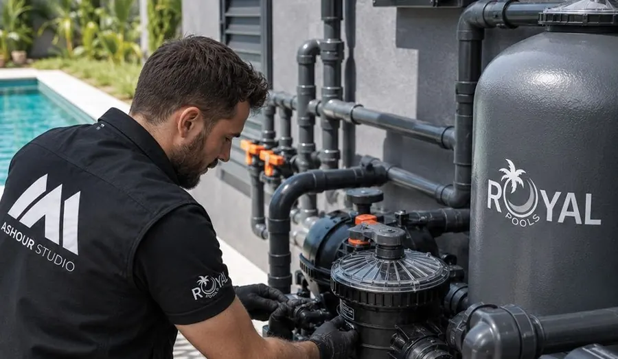 Technician servicing pool filtration