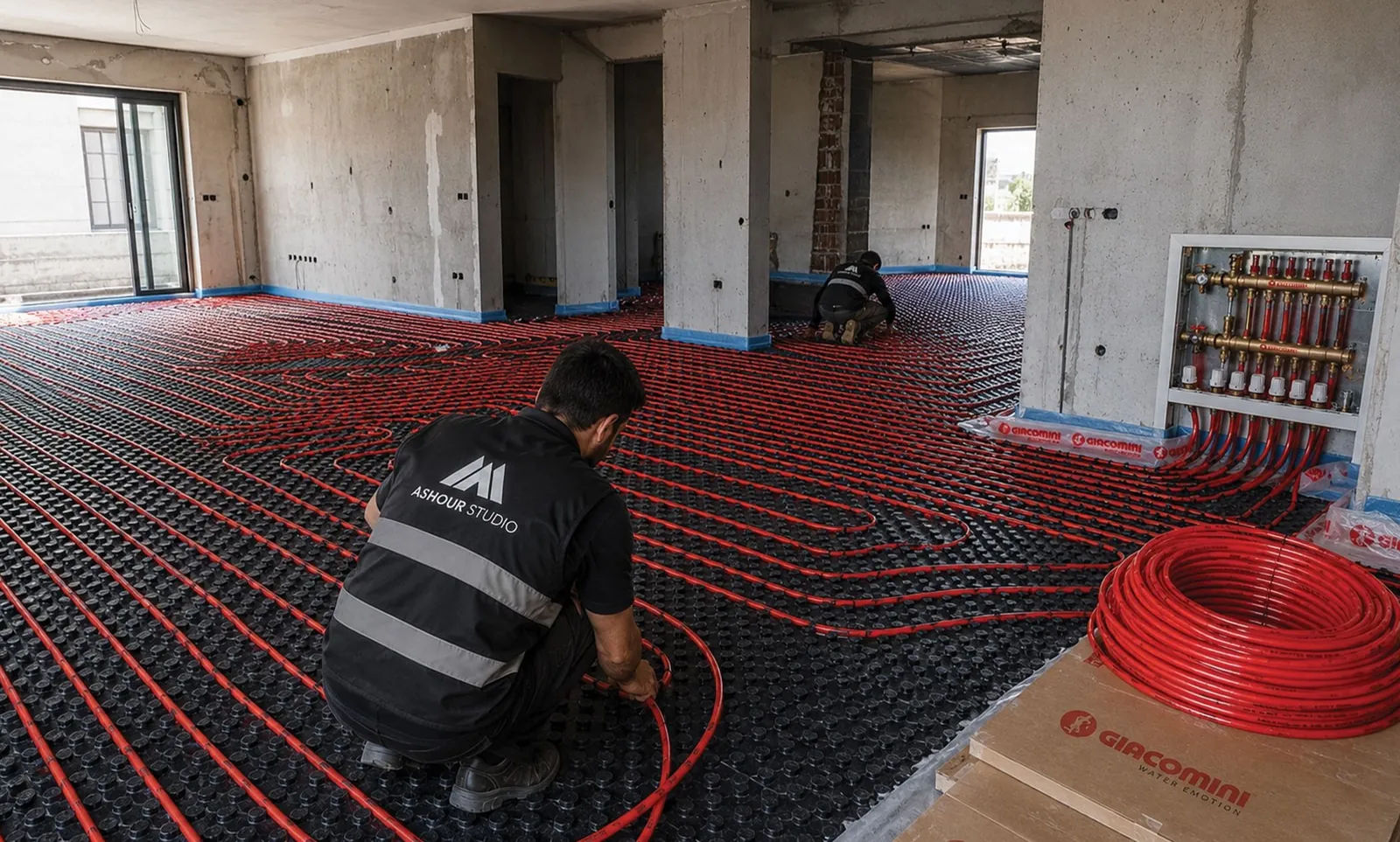 Underfloor heating pipes being laid