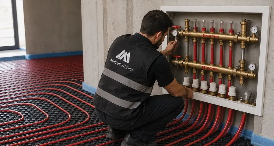 Technician connecting heating loops