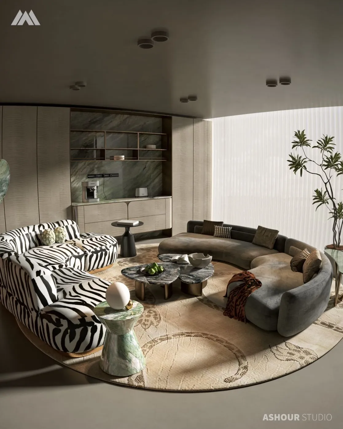 Contemporary living room with zebra-print seating