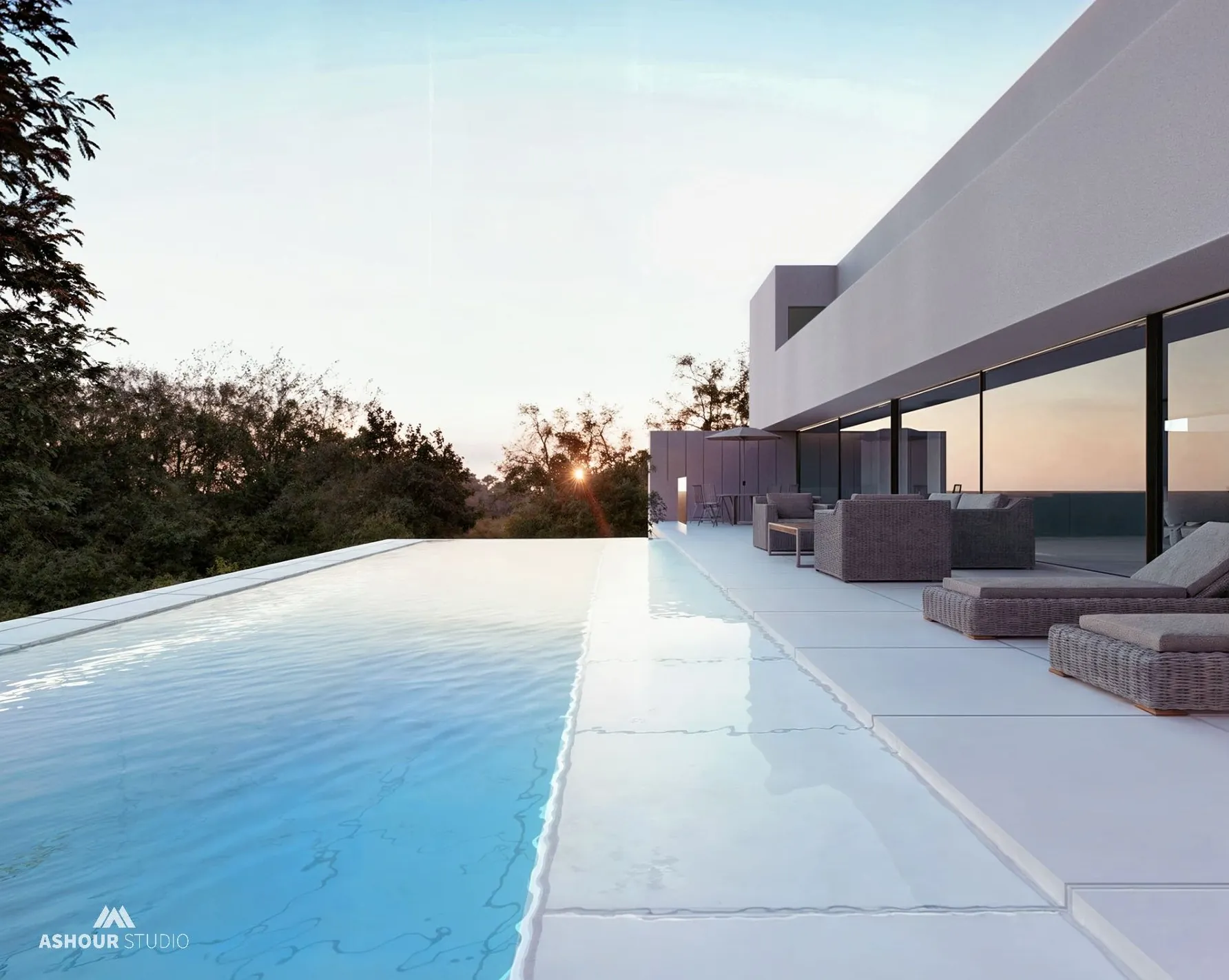 Forest villa with an infinity pool at sunset