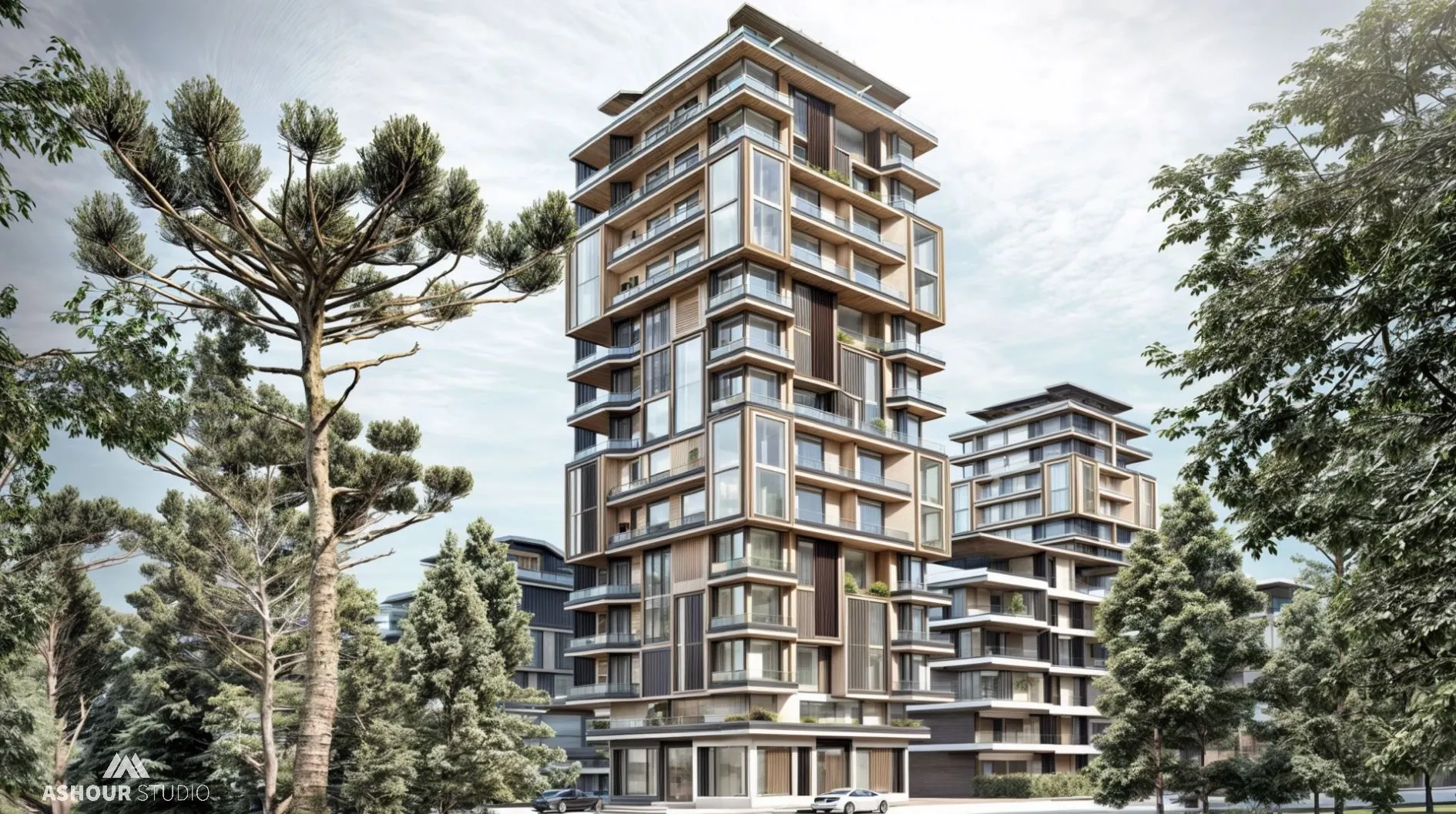 Residential tower among pine trees